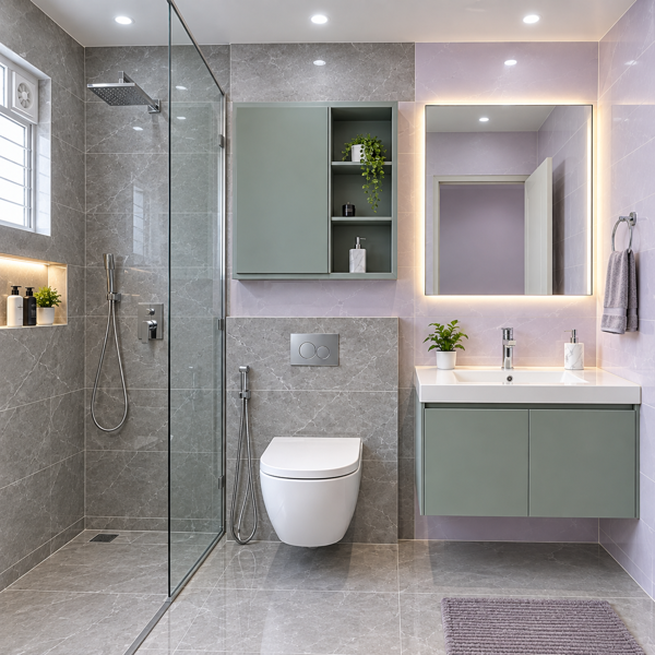 Modern bathroom, luxury bathroom interior, contemporary bathroom, elegant bathroom design, beige marble tiles, wall-mounted toilet, glass shower enclosure, rainfall shower, modern vanity, illuminated mirror, LED mirror lighting, floating bathroom cabinet, premium sanitaryware, spacious bathroom, stylish washroom, luxury apartment bathroom, contemporary interiors, warm lighting, sleek fixtures, modern faucet, built-in shower niche, decorative shelves, indoor plants, clean bathroom, polished floor tiles, premium bathroom design, sophisticated interior, minimalist bathroom, modern Indian bathroom, upscale home, elegant vanity unit, large mirror, glass partition, rainfall showerhead, wall-mounted basin, luxury residential interior, designer bathroom, high-end apartment, modern home design, beautiful bathroom, refined interiors, premium fixtures, contemporary architecture, stylish washroom design, clean flooring, modern lifestyle, luxury property, elegant bathroom interior, premium residential design, sophisticated home.